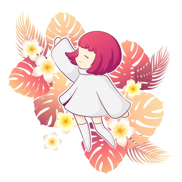 Ilustração Vetor Com Personagem Bonito Kawaii Anime Menina Plantas Tropicais —  Vetores de Stock