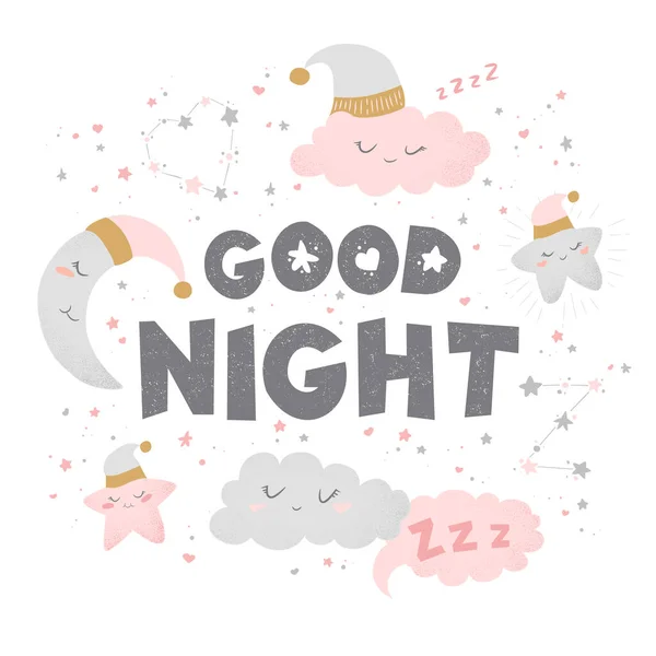 Güzel el çizimi karikatür bulutları, ay, yıldızlar ve beyaz arka planda izole edilmiş iyi geceler. Baskı, kumaş, duvar kağıdı, kart, bebek odası dekorasyonu için tasarım