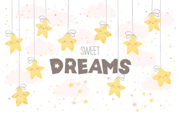 Vector Illustration Cute Hand Drawn Cartoon Stars Clouds Phrase Sweet — Stock Vector