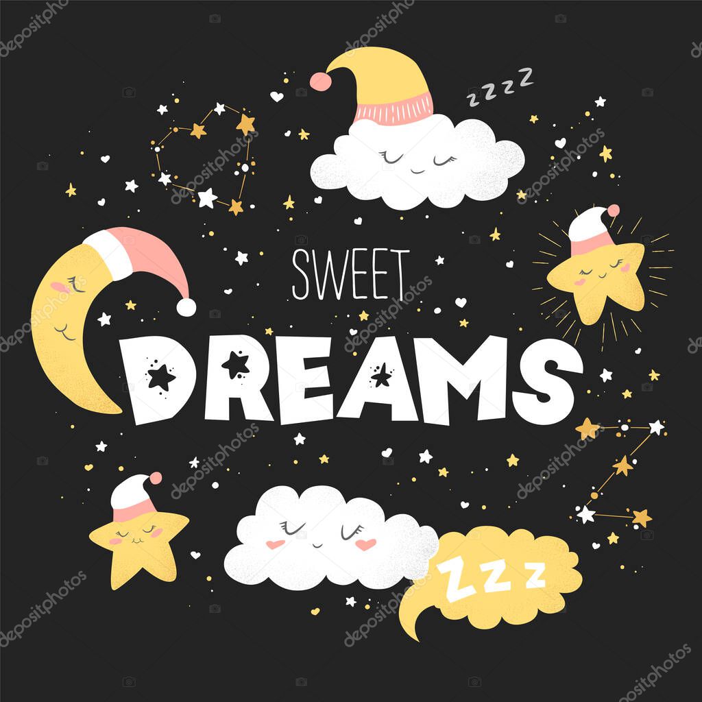 Vector illustration with cute hand drawn cartoon clouds, moon, stars and lettering Sweet dreams isolated on dark background. Design for print, fabric, wallpaper, card, baby room decoration
