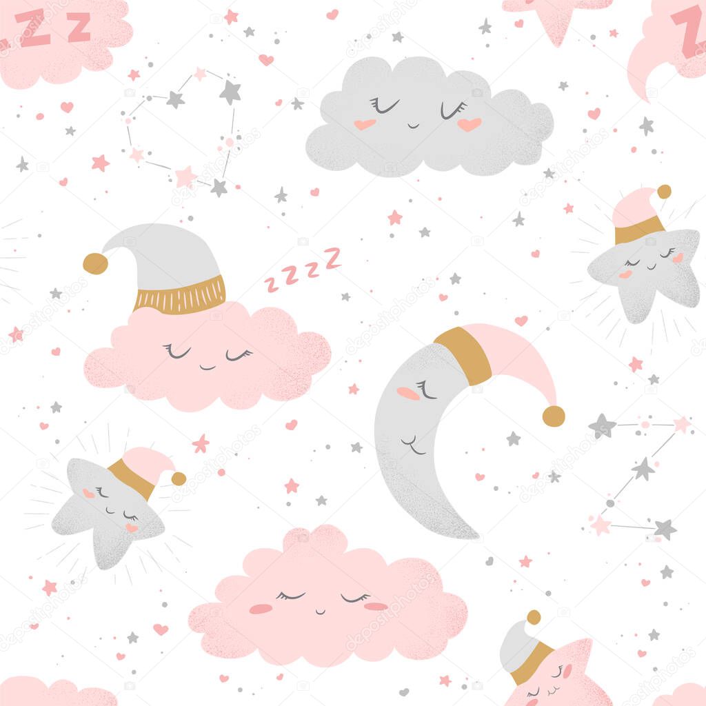 Vector seamless pattern with cute hand drawn cartoon clouds, moon and stars isolated on white background. Design for print, fabric, wallpaper, card, baby room decoration, textile