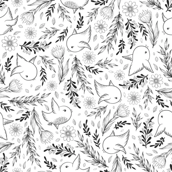 手描きの枝 花や白い背景に隔離されたかわいい鳥とシームレスな黒と白のベクトルパターン プリント ファブリック カードのためのデザイン — ストックベクタ