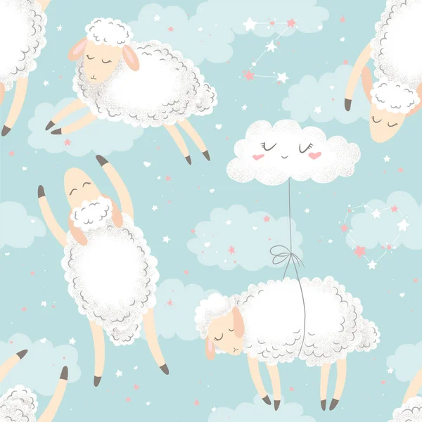 Бесшовный Векторный Узор Милыми Нарисованными Вручную Карикатурными Овцами Облаками Звездами — стоковый вектор