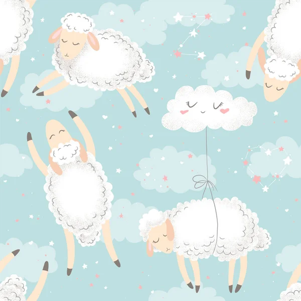 Naadloze Vector Patroon Met Schattige Hand Getekend Cartoon Schapen Wolken — Stockvector