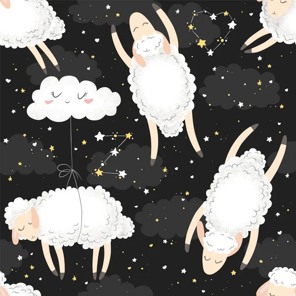 Sevimli Çizimi Koyunlar Bulutlar Yıldızların Izole Edilmiş Siyah Arkaplanlarıyla Kusursuz — Stok Vektör