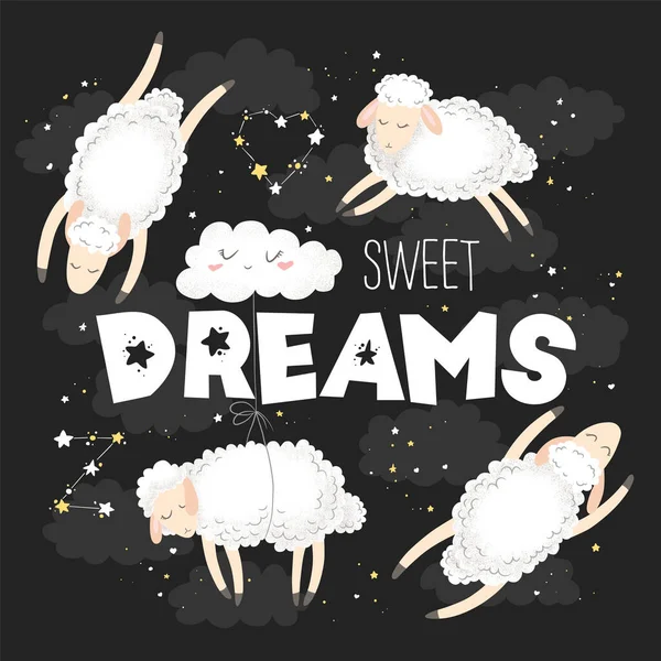 Vector Illustration Cute Hand Drawn Cartoon Sheeps Clouds Stars Quote — Stock Vector