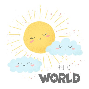 Beyaz arka planda izole edilmiş şirin bir el çizimi, karikatür güneşi, bulutlar ve harflerle çizilmiş Hello dünyası. Baskı, kumaş, duvar kağıdı, kart, bebek odası dekorasyonu için tasarım