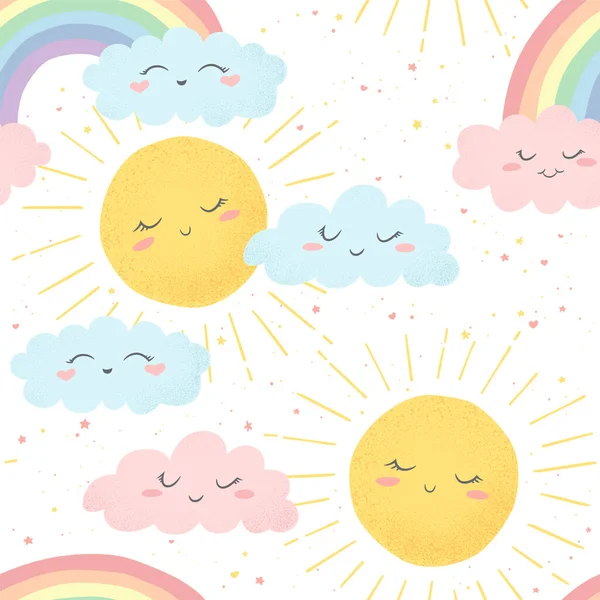 Çizgi film güneşi, bulutlar ve gökkuşakları beyaz arka planda izole edilmiş vektörsüz desen. Baskı, kumaş, duvar kağıdı, kart, bebek odası dekorasyonu için tasarım