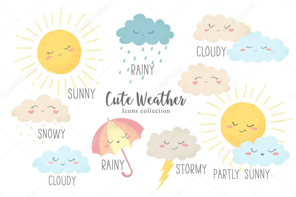 Vector icons set of hand drawn cartoon sun, umbrella, rain, snow, clouds isolated on white background. Cute weather characters illustration in cartoon simple flat style