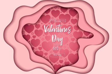 Sevgililer Günü için renkli soyut arka plan ve kırmızı kalp desenli vektör pankartı. Reklam, promosyon, broşür, davetiye, kart, poster, web sitesi tasarımı