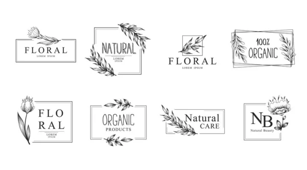 Colección Logotipo Floral Vectorial Plantillas Emblema Con Ramas Dibujadas Mano — Vector de stock