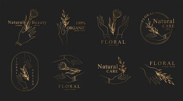 Colección Vectorial Logotipos Emblemas Dorados Con Manos Ramas Flores Aisladas — Vector de stock