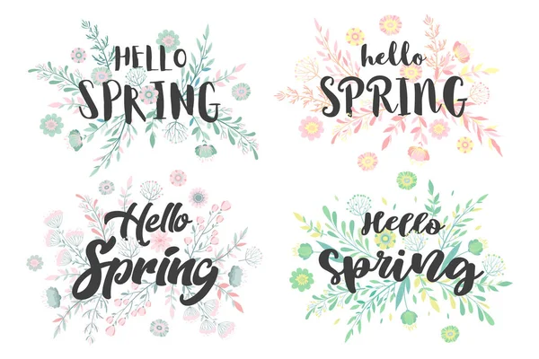 Conjunto Ilustraciones Vectoriales Con Letras Temporada Hola Primavera Flores Dibujadas — Vector de stock