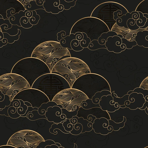 Seamless Vector Pattern Gold Waves Clouds Isolated Black Background Japanese — Stock Vector