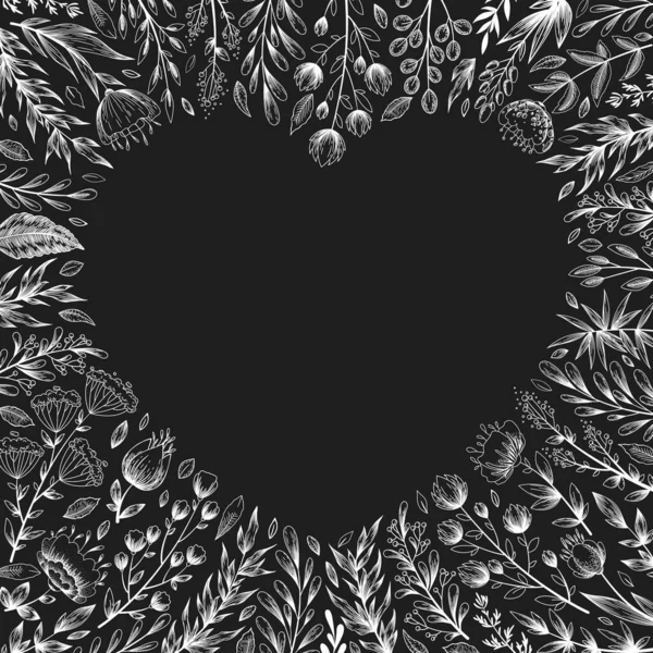 Illustration Vectorielle Monochrome Avec Cadre Forme Coeur Fleurs Herbes Éléments — Image vectorielle