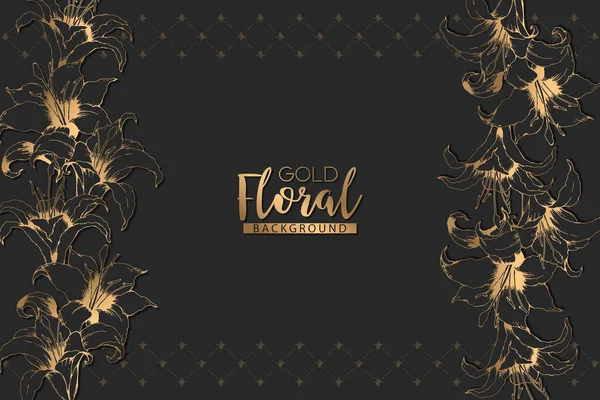 Vector Floral Elegante Tarjeta Con Lirios Oro Dibujados Mano Hojas — Vector de stock