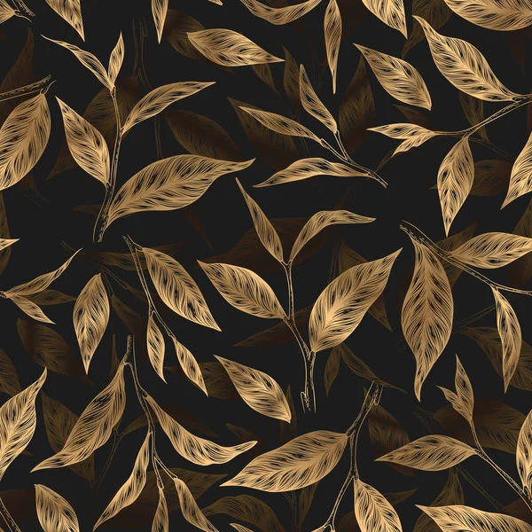 Векторный Бесшовный Узор Золотыми Ручными Рисованными Чайными Листьями Ветвями Белом — стоковый вектор