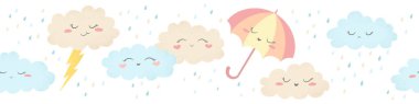 Güzel el çizimi bulutlar, şemsiyeler ve beyaz arka planda izole edilmiş yağmur damlalarıyla kusursuz yatay vektör deseni. Yazdırma, kumaş, duvar kağıdı, kart tasarımı