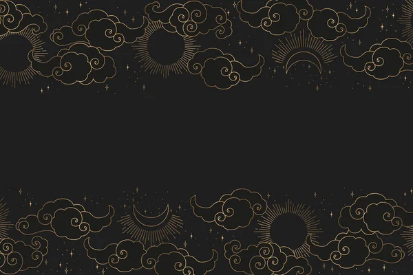 Siyah zemin üzerinde altın soyut güneş, ay, yıldızlar ve bulutların izole edildiği klasik vektör çizimi. Kart, duvar kağıdı, baskı, kumaş ve broşür için mistik illüstrasyon