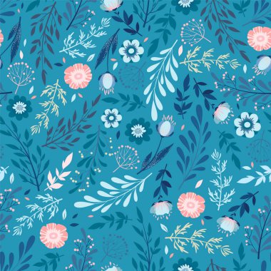 Mavi arka planda elde çizilmiş çiçeklerle, dallarla, yapraklarla ve çiçeklerle kusursuz vektör deseni. Baskı, kumaş, duvar kağıdı, kart, davetiye için çiçek tasarımı