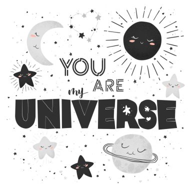 Elle çizilmiş şirin bir çizgi film gezegeni, güneş, ay, yıldızlar ve cümleyle sen benim beyaz arka planda izole edilmiş evrenimsin. Yazdırma, poster, duvar kağıdı, kart tasarımı