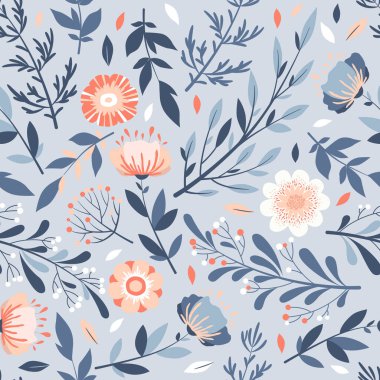 Mavi arka planda elde çizilmiş renkli çiçekler, yapraklar ve çiçek elementleriyle kusursuz vektör deseni. Kumaş, davetiye, baskı, duvar kağıdı, kart, kapak, broşür