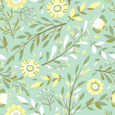 Elle çizilmiş renklendirilmiş çiçekler, yapraklar ve yeşil arka planda izole edilmiş çiçek elementleriyle kusursuz vektör deseni. Kumaş, davetiye, baskı, duvar kağıdı, kart, kapak, broşür