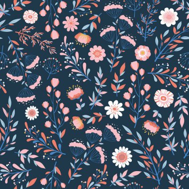 Mavi arka planda elde çizilmiş renkli çiçekler, yapraklar ve çiçek elementleriyle kusursuz vektör deseni. Yazdırma, kumaş, davetiye, duvar kağıdı, kart, kapak, broşür