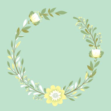 Beyaz arka planda bulunan renkli yapraklardan, çiçeklerden ve dallardan elde çizilen yuvarlak çelenklerle vektör çizimi. Çiçek tasarım şablonu düğün davetiyesi, kart, broşür