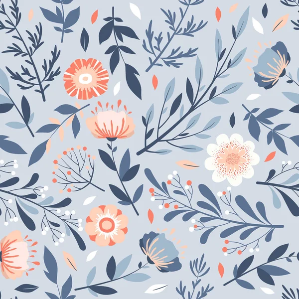 Mavi arka planda elde çizilmiş renkli çiçekler, yapraklar ve çiçek elementleriyle kusursuz vektör deseni. Kumaş, davetiye, baskı, duvar kağıdı, kart, kapak, broşür