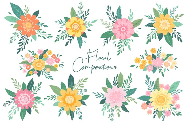 Colección Vectorial Composiciones Florales Flores Coloridas Dibujadas Mano Hojas Ramas — Vector de stock