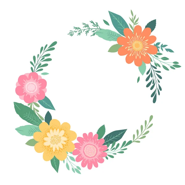 Ilustracja Wektora Okrągłym Wieńcem Ręcznie Narysowanych Kolorowych Kwiatów Gałęzi Liści — Wektor stockowy