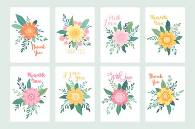 Beyaz arka planda el çizimi çiçekler, yapraklar, dallar ve harflerle izole edilmiş çiçek kartlarının vektör koleksiyonu. Düğün davetiyesi, kart, broşür tasarımı