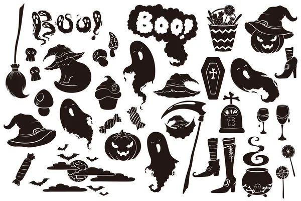 Joyeux Halloween Silhouettes Vectorielles Noires Clipart Avec Jolies Citrouilles Fantômes — Image vectorielle