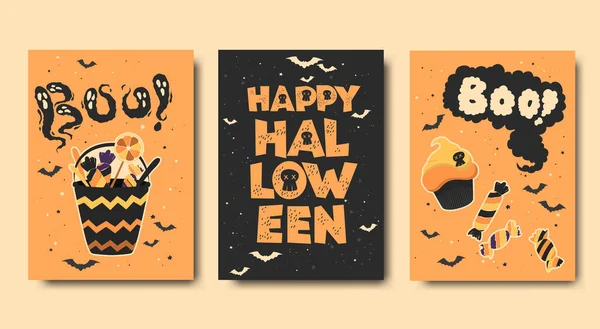 Happy Halloween Vektorkarten Kollektion Mit Handgezeichneten Niedlichen Süßigkeiten Und Schriftzügen — Stockvektor