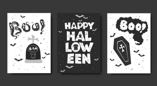 Felice Collezione Carte Vettoriali Halloween Con Tomba Disegnata Mano Bara — Vettoriale Stock