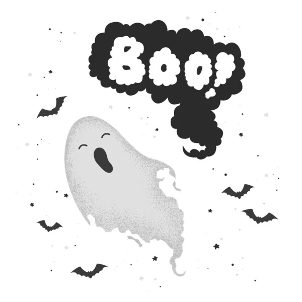 Feliz Ilustração Vetor Halloween Com Mão Desenhada Fantasma Bonito Letras —  Vetores de Stock