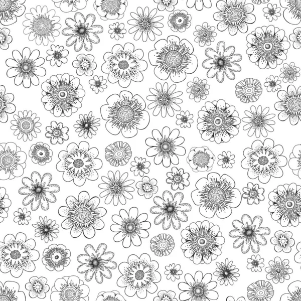 Naadloze Monochrome Vector Patroon Met Hand Getrokken Bloemen Geïsoleerd Witte — Stockvector