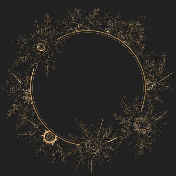 Векторні Ілюстрації Круглою Рамкою Намальованих Вручну Золотих Квітів Листя Гілок — стоковий вектор