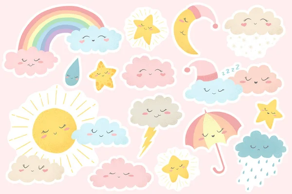 Elle çizilmiş karikatür, güneş, ay, gökkuşağı, şemsiye, yağmur, kar, bulutlar ve pembe arka planda izole edilmiş yıldızlar. Baskı, kart, kırtasiye malzemesi için sevimli hava karakterleri
