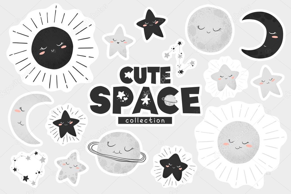 Vector illustration with cute hand drawn cartoon space stickers collection sun, moon, planets and stars isolated on grey background. Design for planners, laptop stickers, card, stationary