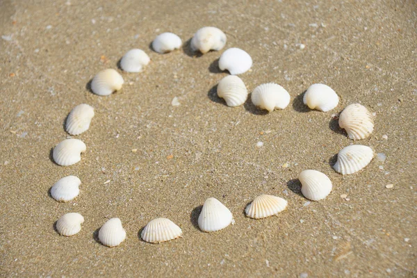 Σχήμα καρδιάς από κοχύλια στην αμμώδη παραλία Εικόνα Αρχείου