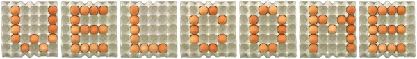 BIENVENIDOS palabra de los huevos en bandeja de papel —  Fotos de Stock