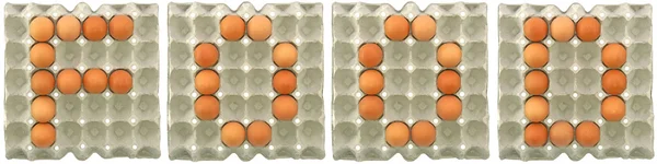 Palavra ALIMENTAR de ovos em bandeja de papel — Fotografia de Stock