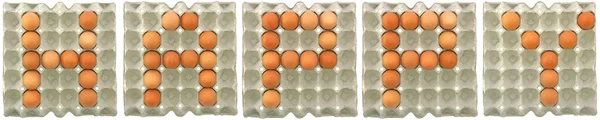 HAPPY palavra de ovos em bandeja de papel — Fotografia de Stock