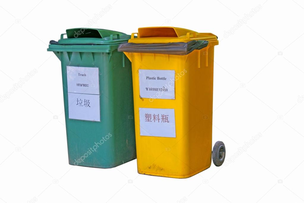 Two color dirty trash bin with english, thai, chinese text label