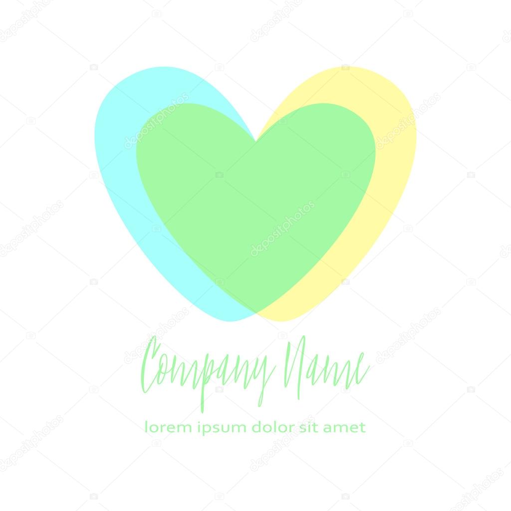 Conceptual Double heart icon. Two crossed hearts. Simple romantic logo. Blue and yellow hearts in intersection form the third green heart. Concept for family, pregnancy, wedding or romantic design.