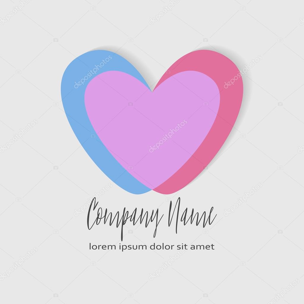Conceptual Double heart icon. Two crossed hearts. Simple romantic logo. Blue and pink hearts in intersection form the third purple heart. Concept for family, pregnancy, wedding or romantic design.