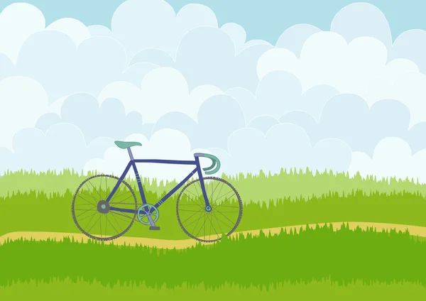 Schöne einfache Cartoon-Wiese mit blauem Rennrad — Stockvektor