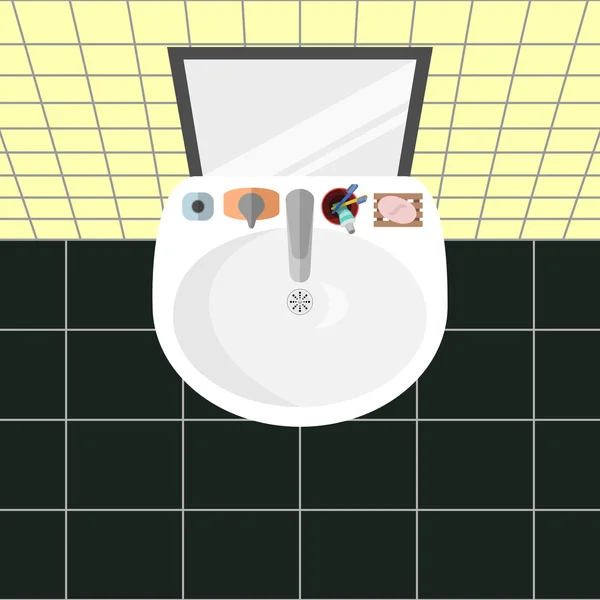 Bir ayna ve ana banyo aksesuarları bir banyo bir lavabo üzerinde Üstten Görünüm